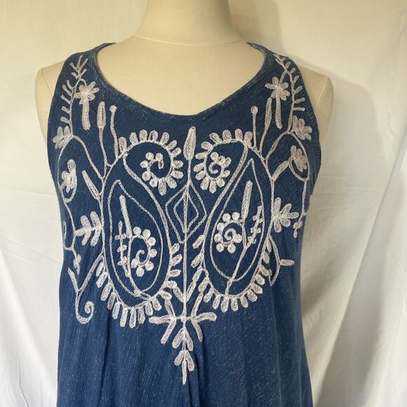 Boho Denim Full Hippie Chic Summer Beach White Embroidered Paisley Floral M/L - Picture 2 of 11